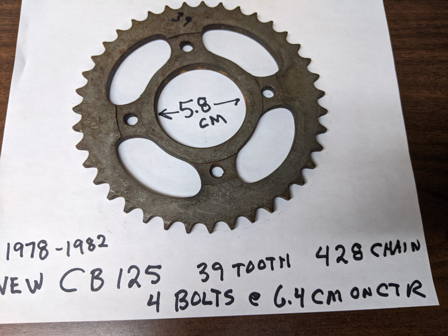 Honda CB125 1978-1982 Rear Sprocket 39 tooth, 428 chain, 4 bolt @6.4cm on center mount sku 7561