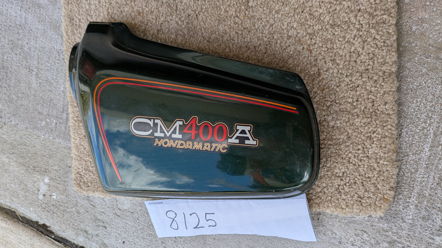Honda CM400A Hondamatic Candy Holly Green left sidecover  83740-447A  sku 8125