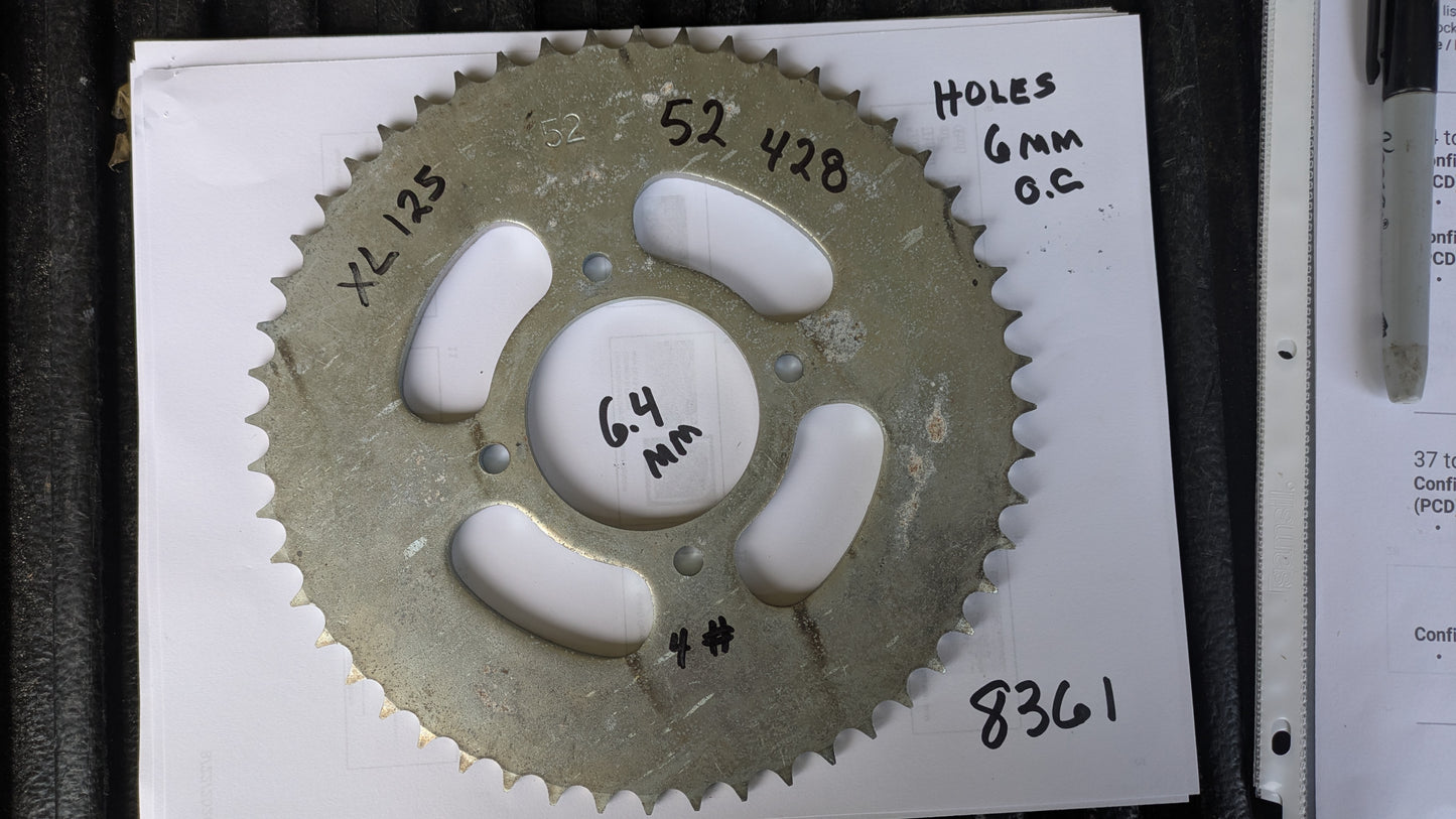 Honda XL125 Rear sprocket 428 52T sku 8361