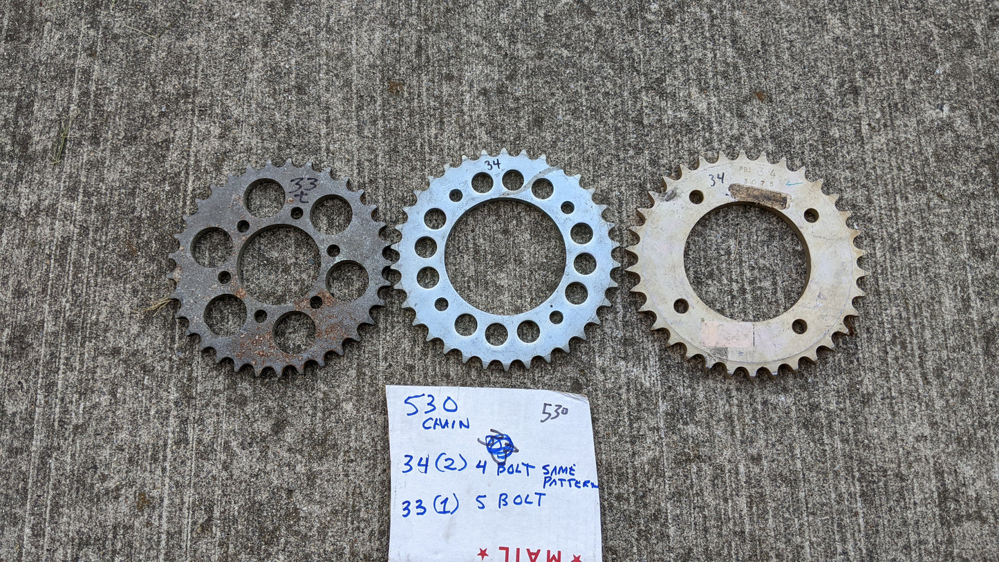 Motorcycle Sprockets Rear 530 chain, two 34 tooth, one 33 tooth 4 bolt sku 7189