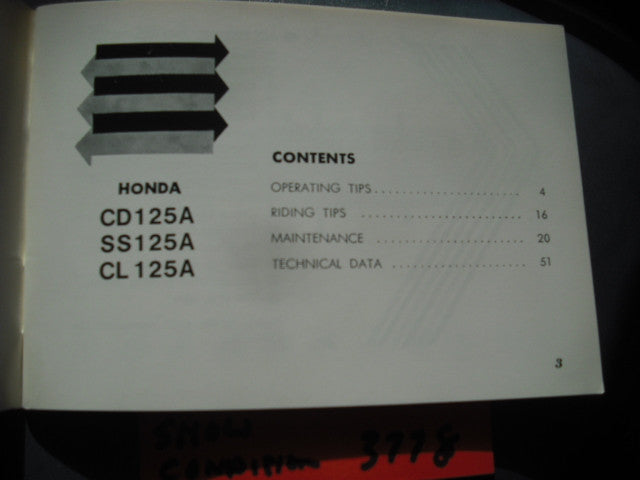 Honda  SS125A CL125A CD125A Owners Manual NOS sku 3778
