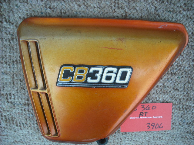 Honda CB360 candy topaz orange lft sidecover with badge 3908