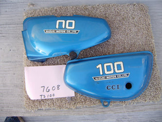 Suzuki TS100A 1976 Coronado blue OEM Sidecover Pair part numbers s 41211-25510, 47111-25610 sku 7608