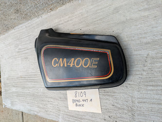 Honda CM400E black  Left Side Cover  83740-447A Missing a mounting pin sku 8109
