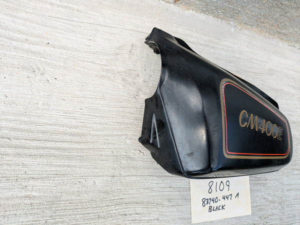 Honda CM400E black  Left Side Cover  83740-447A Missing a mounting pin sku 8109