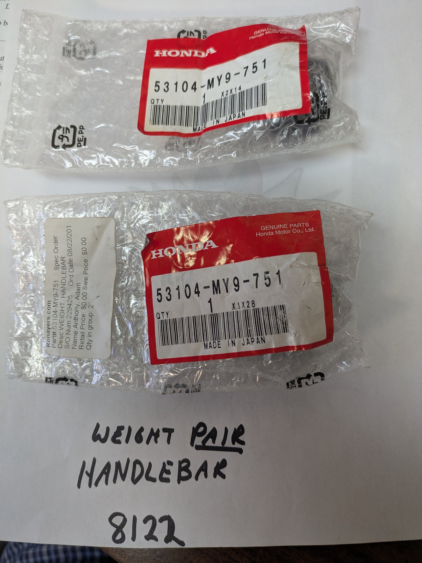 Honda Handlebar Weight Pair Honda 53104-MIY9-751 my sku 8122