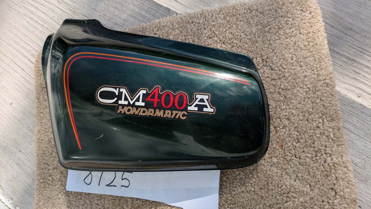Honda CM400A Hondamatic Candy Holly Green left sidecover  83740-447A  sku 8125