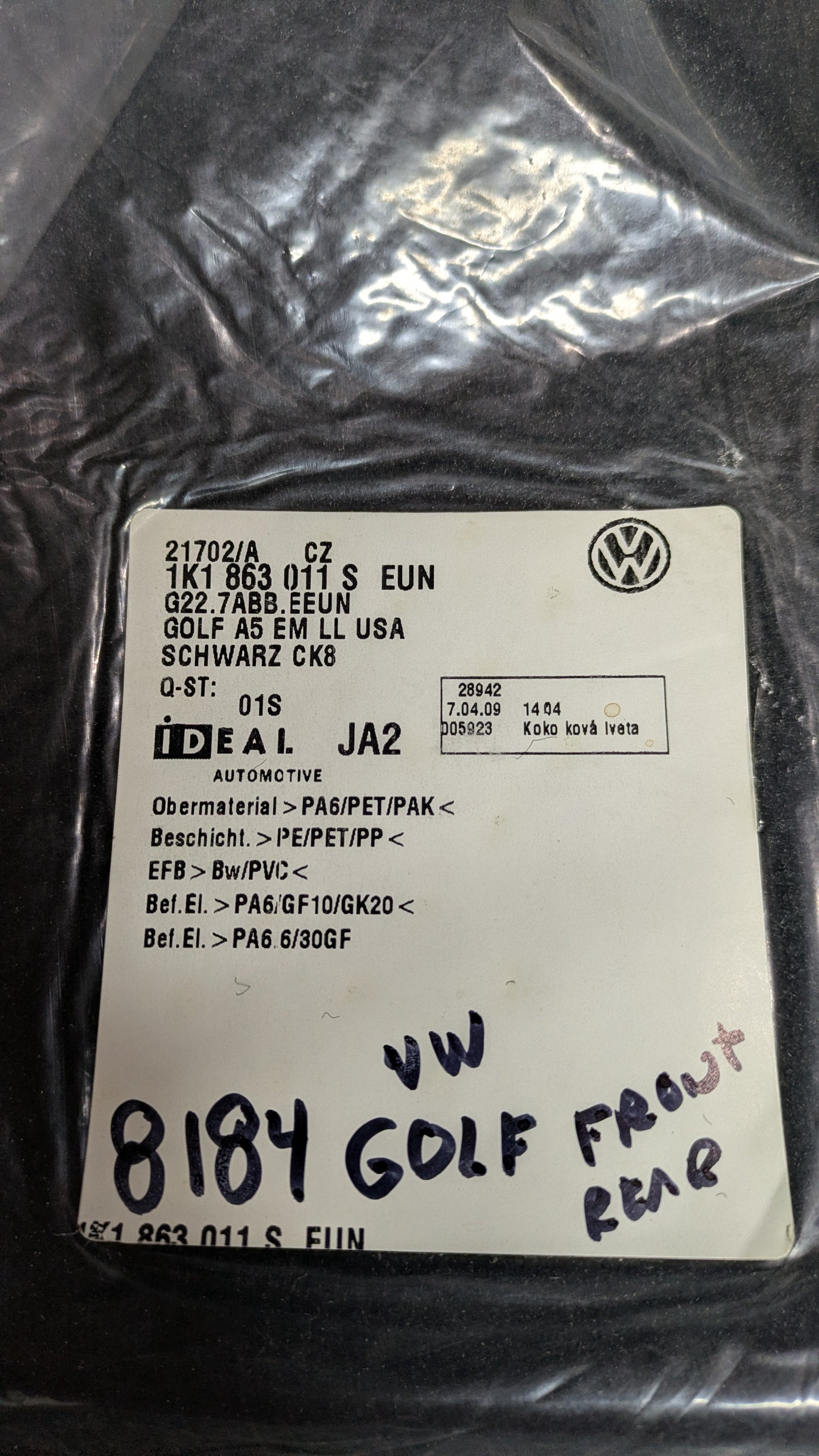 VW Golf OEM New Floor Mat Full Carpet Set front rear sku my 8184
