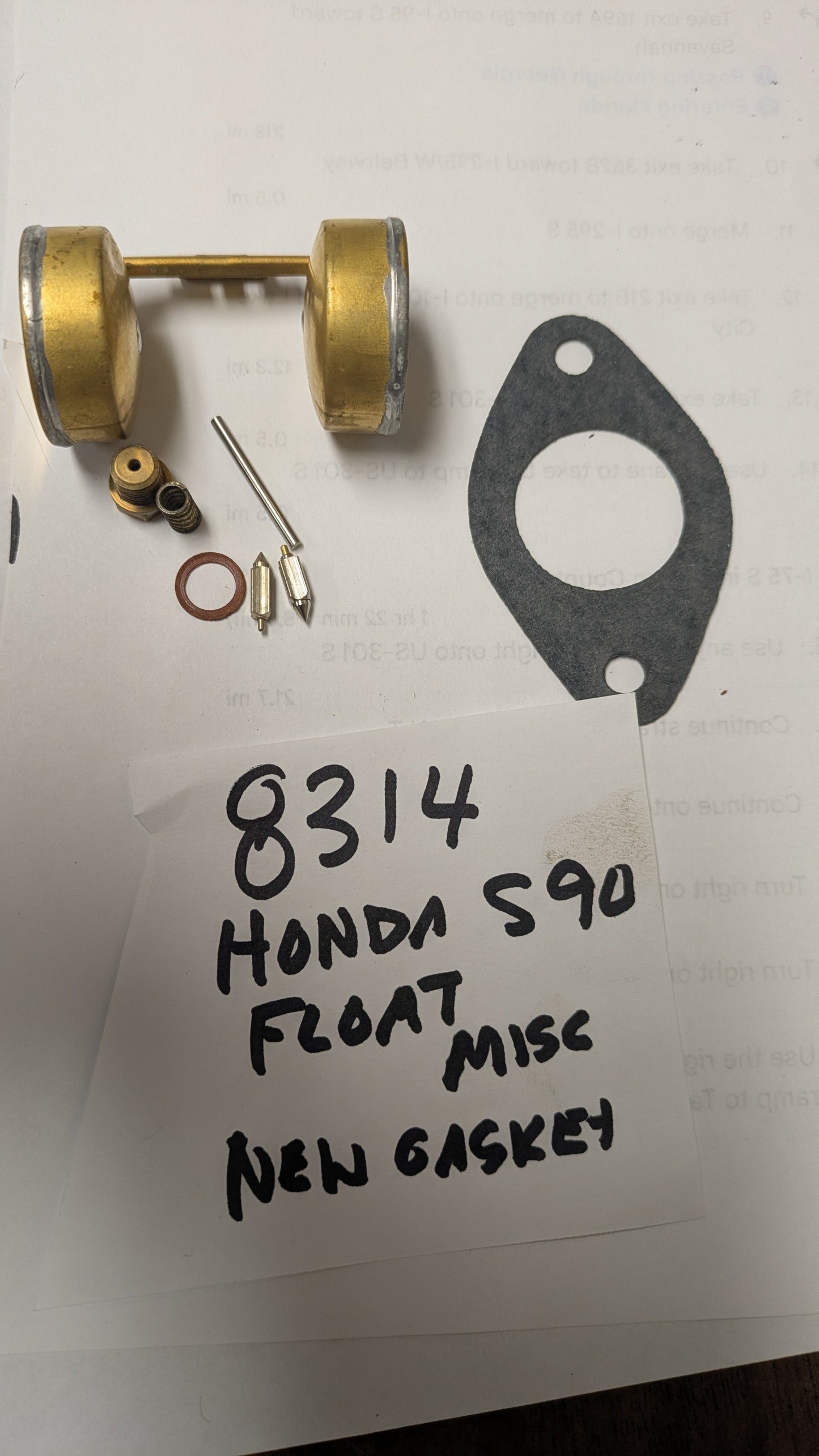 Honda Super 90 Carburetor Float, Float pin, needle valve, Carburetor Manifold Gasket sku 8914
