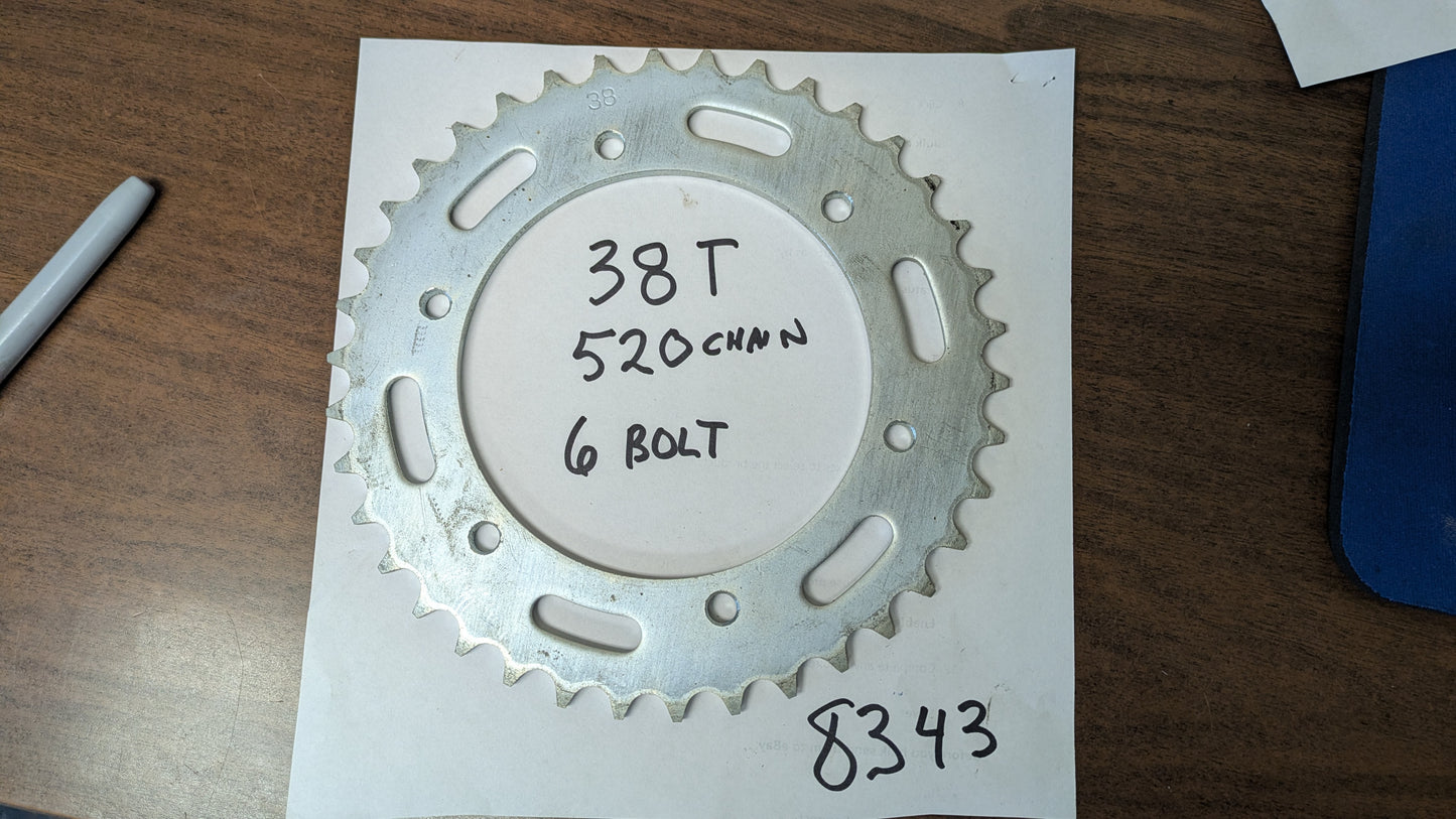 Rear Sprocket Yamaha XV250 Virago, 38T, 520 chain 6 bolt sku 8343