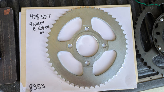 Rear Sprocket  428 chain, 52T, 4 bolt Honda XL125, XL185 YZ80, RM80, Hodaka KX80 sku 8355