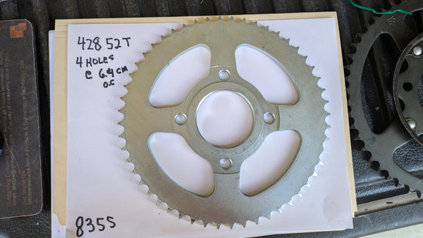 Rear Sprocket  428 chain, 52T, 4 bolt Honda XL125, XL185 YZ80, RM80, Hodaka KX80 sku 8355