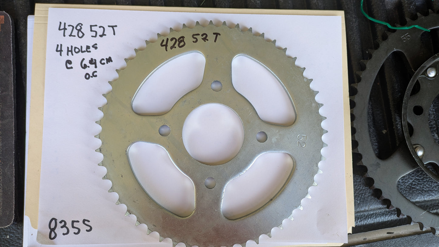 Rear Sprocket  428 chain, 52T, 4 bolt Honda XL125, XL185 YZ80, RM80, Hodaka KX80 sku 8355