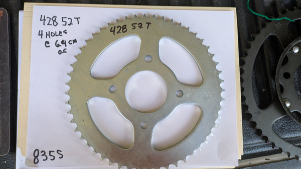 Rear Sprocket  428 chain, 52T, 4 bolt Honda XL125, XL185 YZ80, RM80, Hodaka KX80 sku 8355