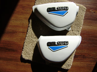 Honda CB100 New White sidecover Pair blue decals sku 6156