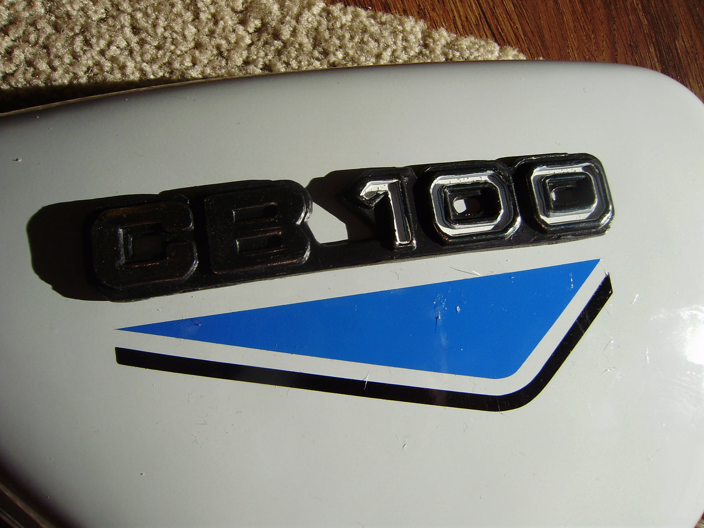 Honda CB100 New White sidecover Pair blue decals sku 6156