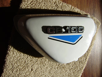 Honda CB100 New White sidecover Pair blue decals sku 6156