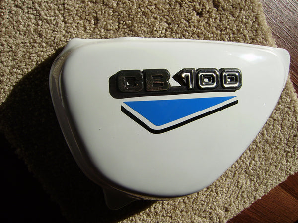 Honda CB100 New White sidecover Pair blue decals sku 6156
