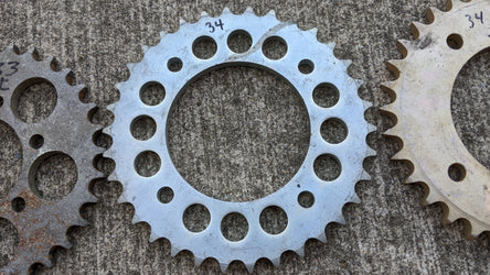 Motorcycle Sprockets Rear 530 chain, two 34 tooth, one 33 tooth 4 bolt sku 7189