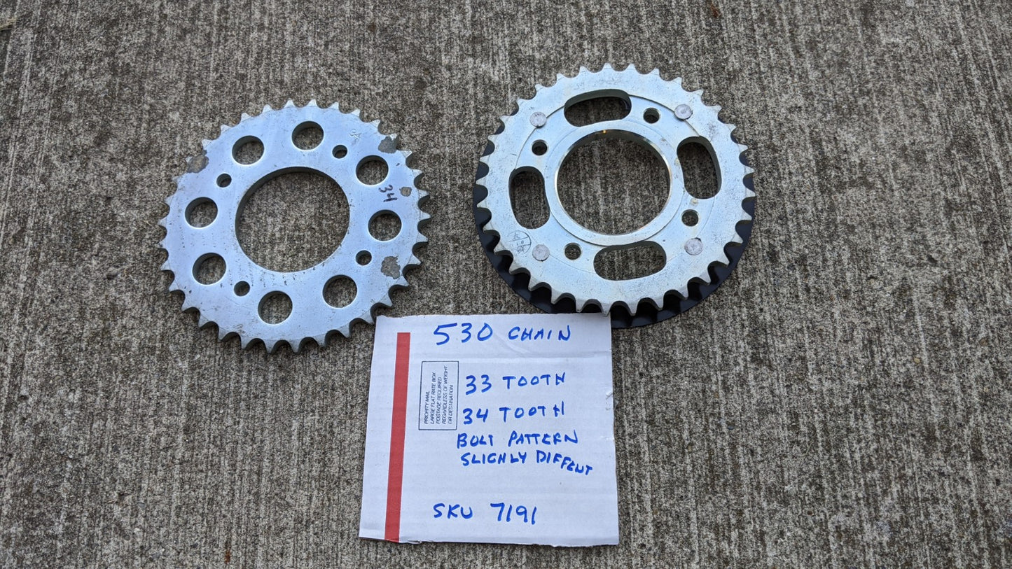 Motorcycle sprockets NOS New 530 chain, one 33T one 34T 4 Bolt sku 7191
