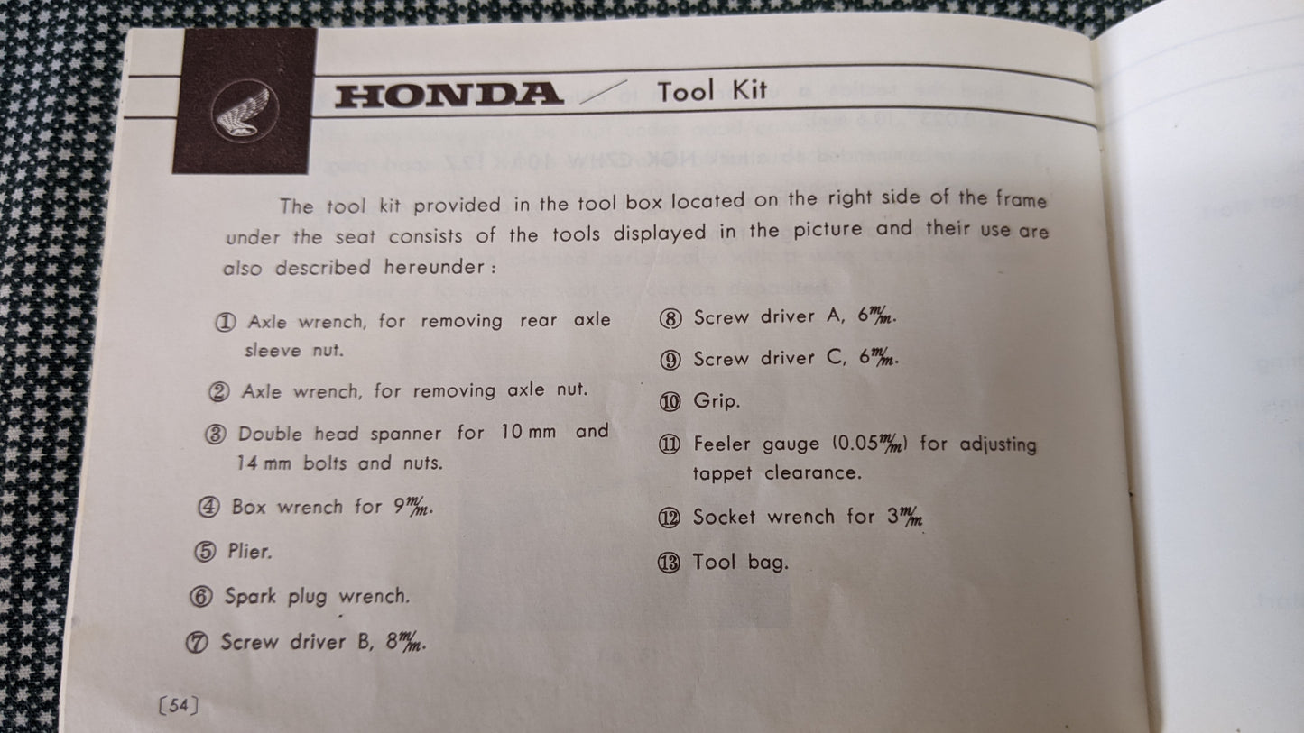 Honda CA110 Sport 50 Original Tool kit and OEM manual sku 7201