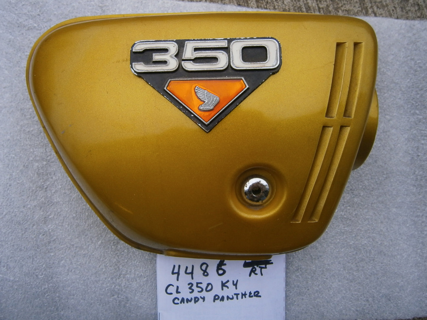 Honda CL350 Right Candy Panther Gold Sidecover with badge 4486